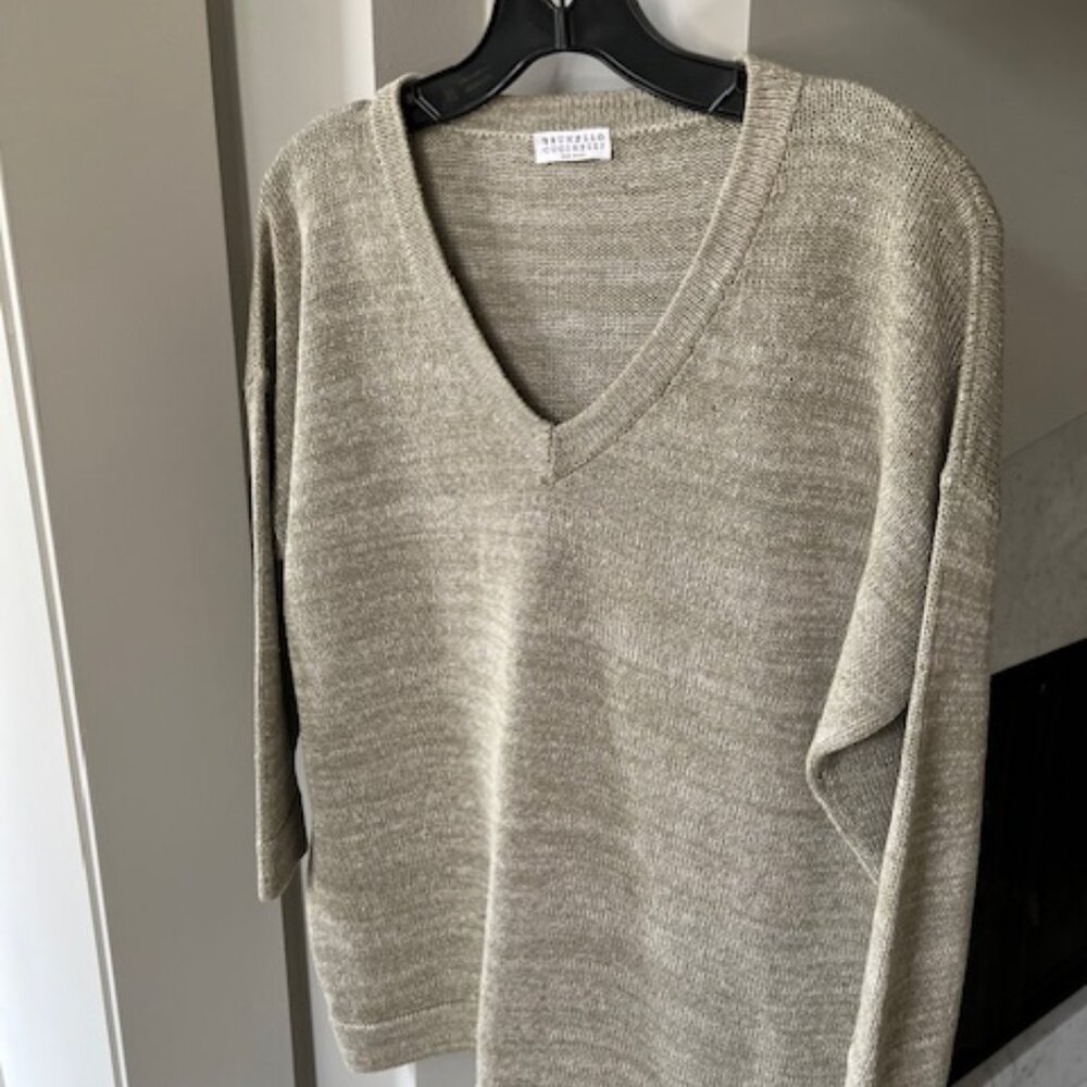Brunello Cucinelli green and gold linen sweater